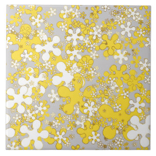 Carreau Moderne gris clair, blanc, moutarde jaune, fleur