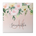 Carreau Moderne Pastel Rose & Fleurs Avec Nom<br><div class="desc">Moderne Pastel Rose & Fleurs Avec Nom</div>