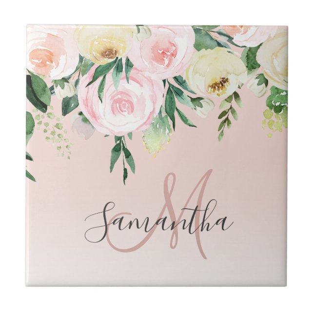 Carreau Moderne Pastel Rose & Fleurs Avec Nom (Devant)