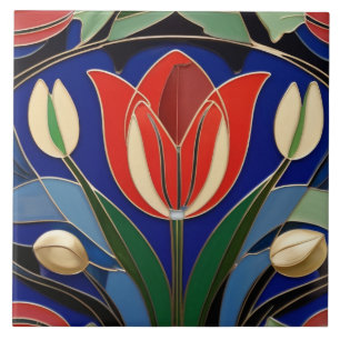 Carreau Moderniste Art Nouveau Rouge Tulipe Fleur Florale