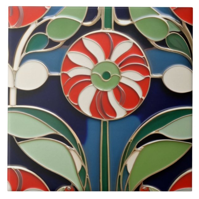 Carreau Moderniste Art Nouveau Round Fleur Rouge Florale (Devant)