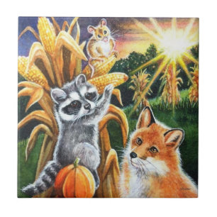Carreau Moisson d'automne Corn Red Fox Raccoon Aquarelle A