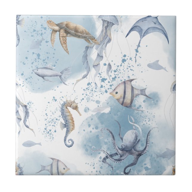 Carreau Monde sous-marin fantaisiste – Motif de créatures  (Devant)