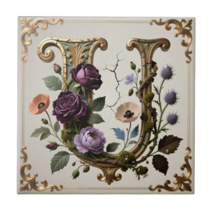 Carreau Monogramme Antique Fleur de Lys Lettre U en Or