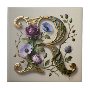 Carreau Monogramme Antique Floral Lettre R en Or