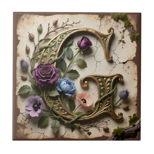 Carreau Monogramme Antique Lettre G Fleurie Or (Devant)