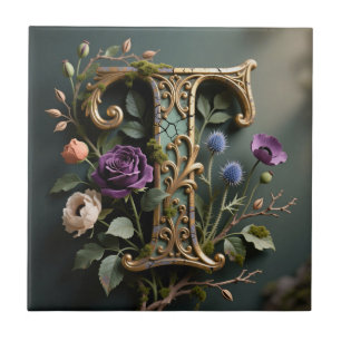 Carreau Monogramme Antique Lettre T Fleurie Or