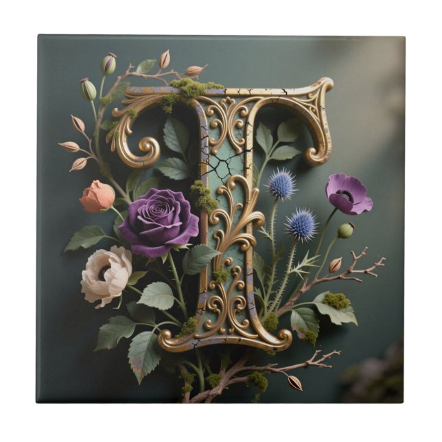 Carreau Monogramme Antique Lettre T Fleurie Or (Devant)