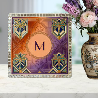 Carreau Monogramme Art Déco Tropical Orange Palmier