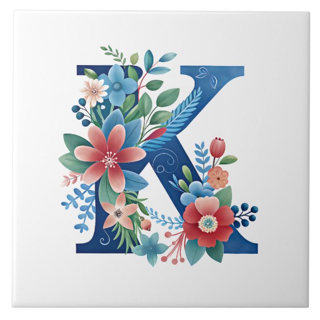 Carreau monogramme bleu 'K', design floral orné, (Devant)
