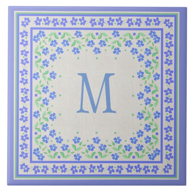 Carreau Monogramme Blue Periwinkkts Floral Bordure Faux Li (Devant)