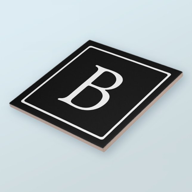 Carreau Monogramme Classique Simple | Noir avec Texte Blan (Créateur téléchargé)