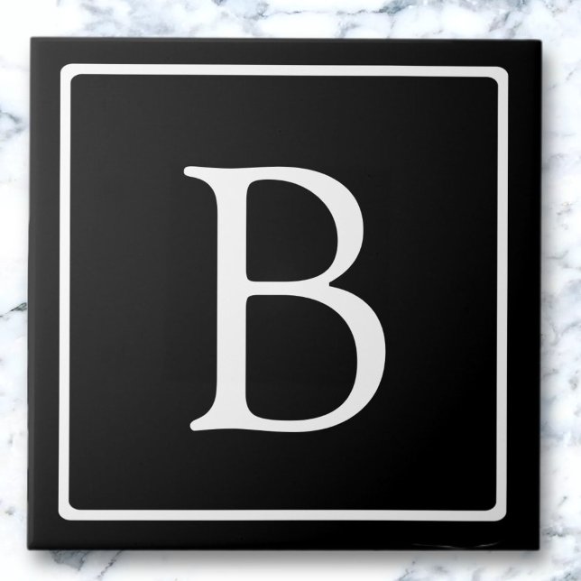 Carreau Monogramme Classique Simple | Noir avec Texte Blan (Créateur téléchargé)