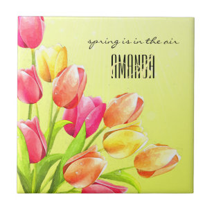 Carreau Monogramme de bouquet des tulipes d'aquarelles