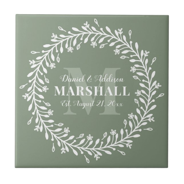 Carreau Monogramme de couronne verte pour couple marié à n (Devant)