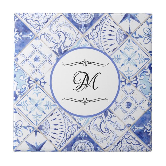 Carreau Monogramme de cuisine Vintage Bleu Méditerranéen (Devant)
