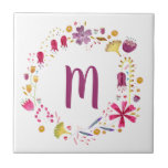 Carreau Monogramme de fleurs automnales de l'aquarelle mod<br><div class="desc">Aquarelle peinture botanique des fleurs sauvages du hérisson d'automne. Customisez en modifiant la première.</div>