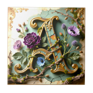 Carreau Monogramme de lettre A sarcelle orné d'or