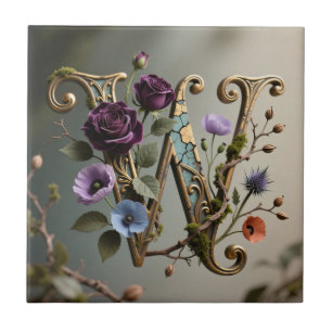 Carreau Monogramme de lettre W dorée florale antique