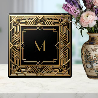 Carreau Monogramme de luxe personnalisé noir Art déco or
