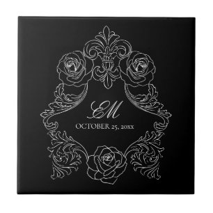 Carreau Monogramme de mariage gothique noir et blanc