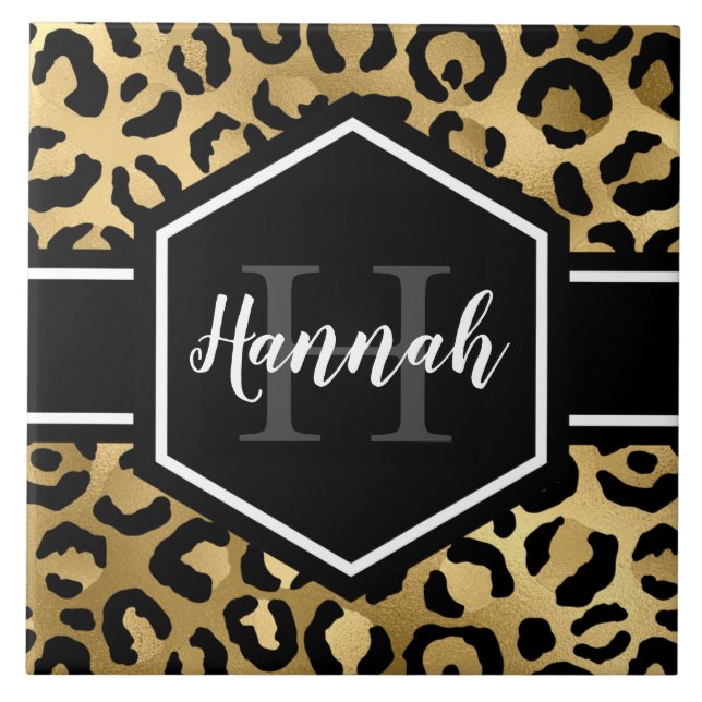 Carreau Monogramme de points de léopard noir or (Devant)