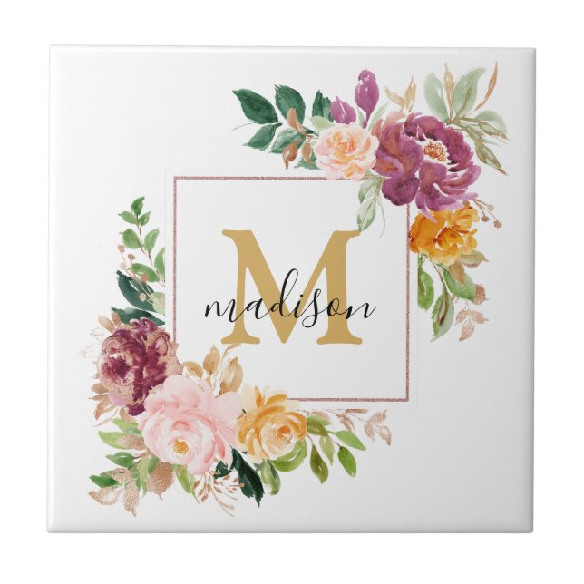 Carreau Monogramme Elegant Aquarelle Rose Floral Botanique (Devant)