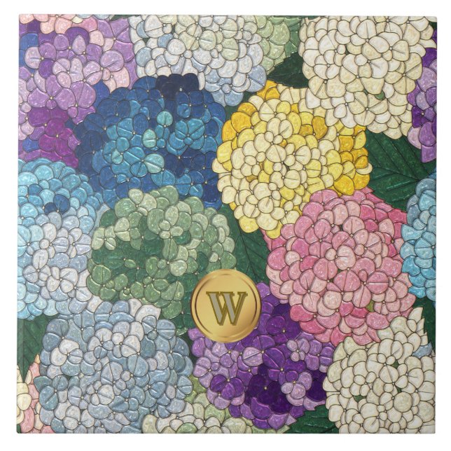 Carreau Monogramme en verre faux teinté de fleurs d'horten (Devant)