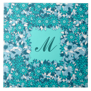 Carreau Monogramme encadré de fleurs - bleu et blanc