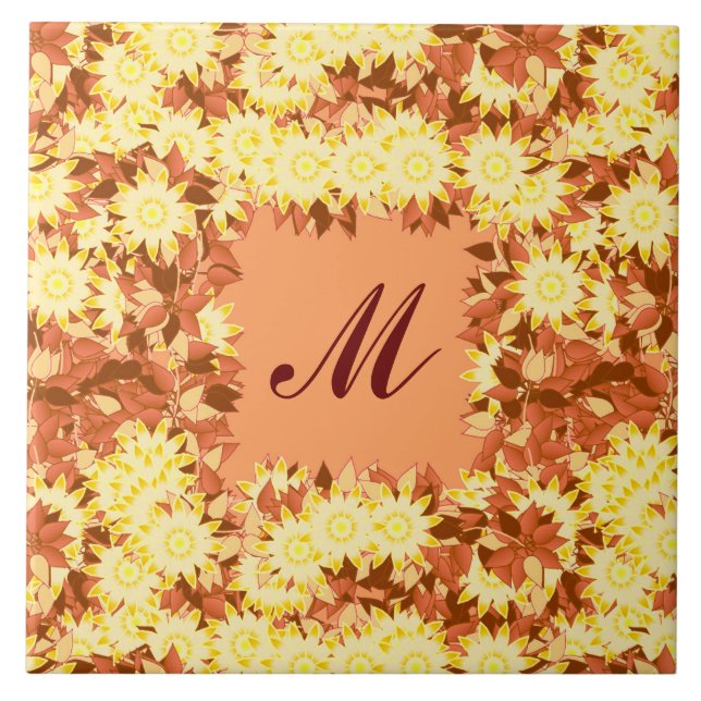 Carreau Monogramme encadré de fleurs - cacao et jaune (Devant)