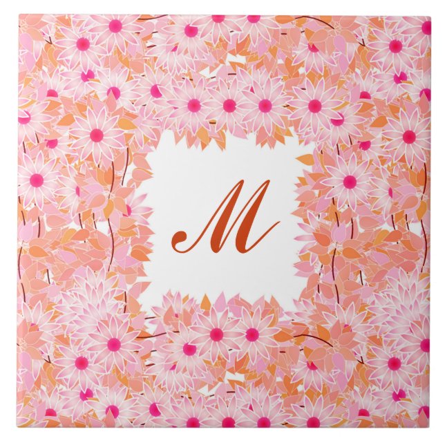 Carreau Monogramme encadré de fleurs - rose et pêche (Devant)
