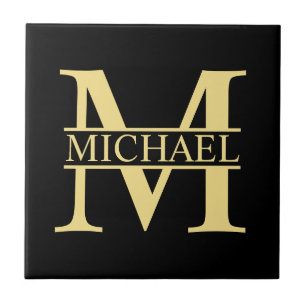 Carreau Monogramme et nom personnalisé noir et or