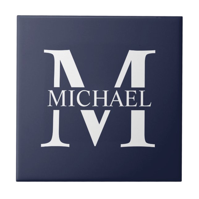 Carreau Monogramme et nom personnalisés bleu marine (Devant)