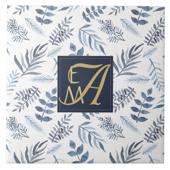 Carreau Monogramme feuilles et fougères botaniques bleu ma (Devant)