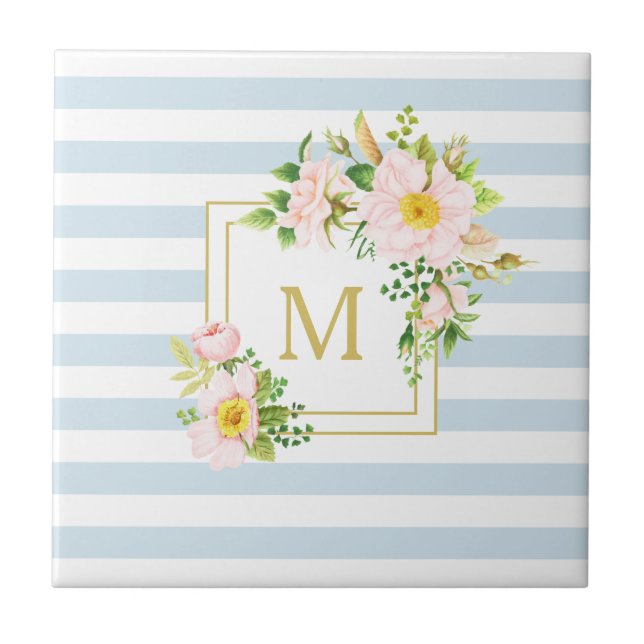 Carreau Monogramme Floral Shabby Chic Pastel Blue Stripes (Devant)