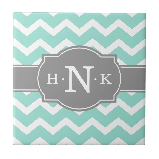 Carreau Monogramme Gris Chevron à la menthe (Devant)