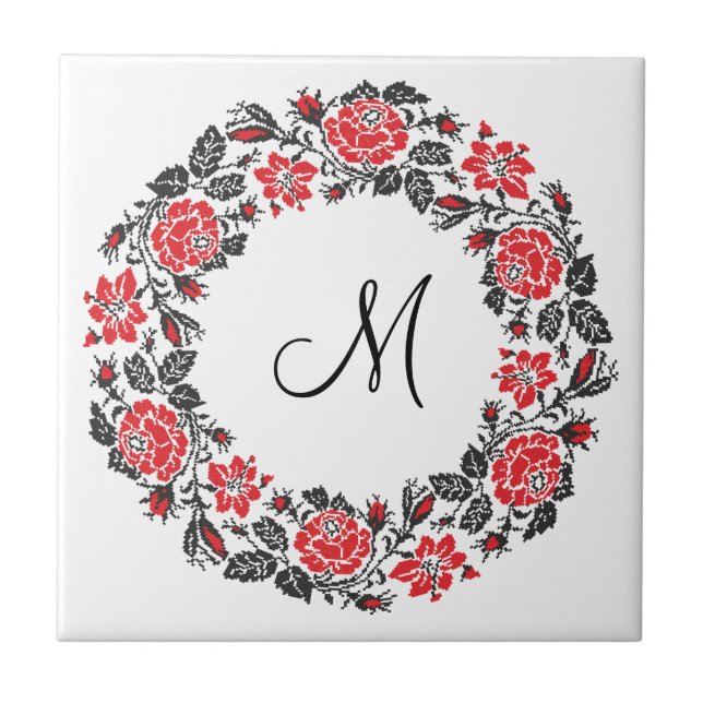 Carreau Monogramme initial des roses rouges à point croisé (Devant)