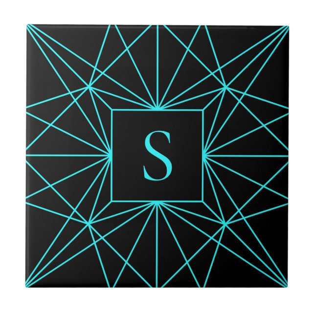 Carreau Monogramme initial | Design géométrique turquoise (Devant)