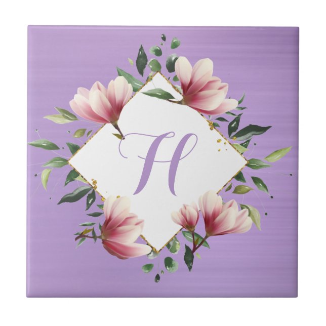 Carreau Monogramme Initial Floral Fleur Rose Violet Élégan (Devant)