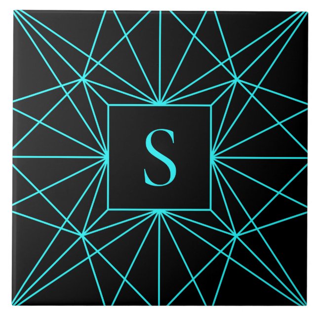 Carreau Monogramme Initial | Motif Géométrique Turquoise (Devant)