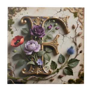 Carreau Monogramme lettre F à motif floral victorien