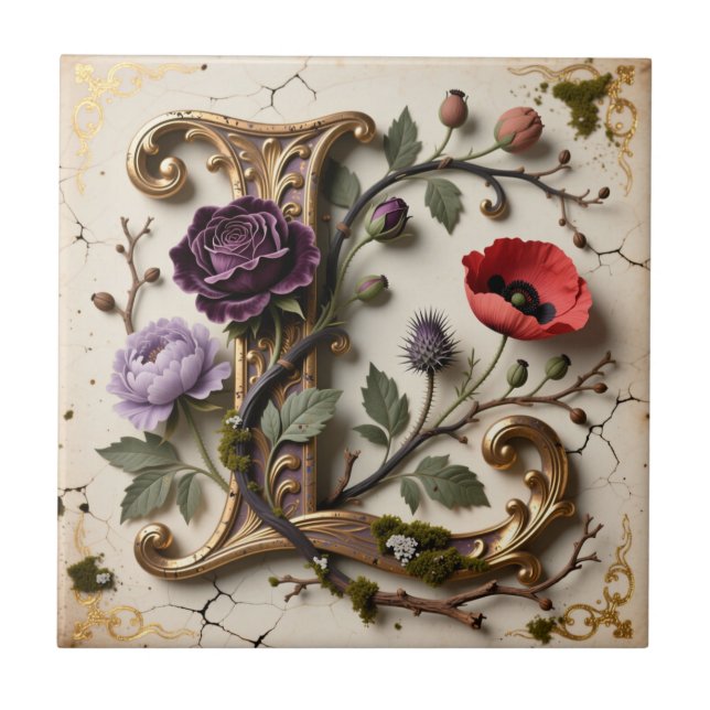Carreau Monogramme lettre L dorée florale victorienne (Devant)