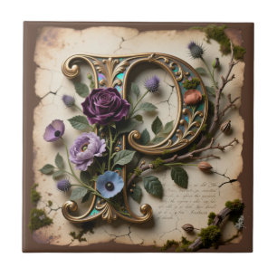 Carreau Monogramme lettre P opalescent floral antique