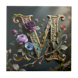 Carreau Monogramme M en lettre florale dorée antique