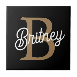 Carreau Monogramme moderne élégant Nom Black Gold Script