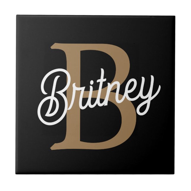 Carreau Monogramme moderne élégant Nom Black Gold Script (Devant)