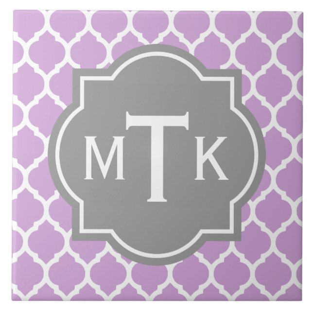 Carreau Monogramme moderne gris et Lilac Motif treillis (Devant)