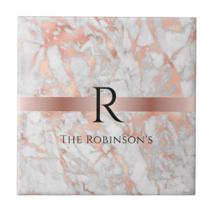 Carreau Monogramme noir et nom, marbre blanc et or rose