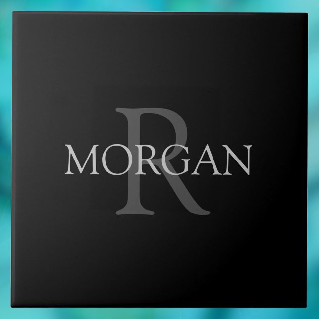 Carreau Monogramme & nom DIY, Classique noir avec texte gr (Créateur téléchargé)
