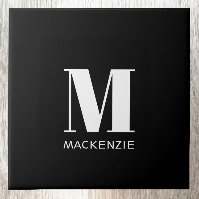 Carreau Monogramme Nom initial Simple Noir et Blanc (Simple personalized monogram initial name black and white ceramic tile)